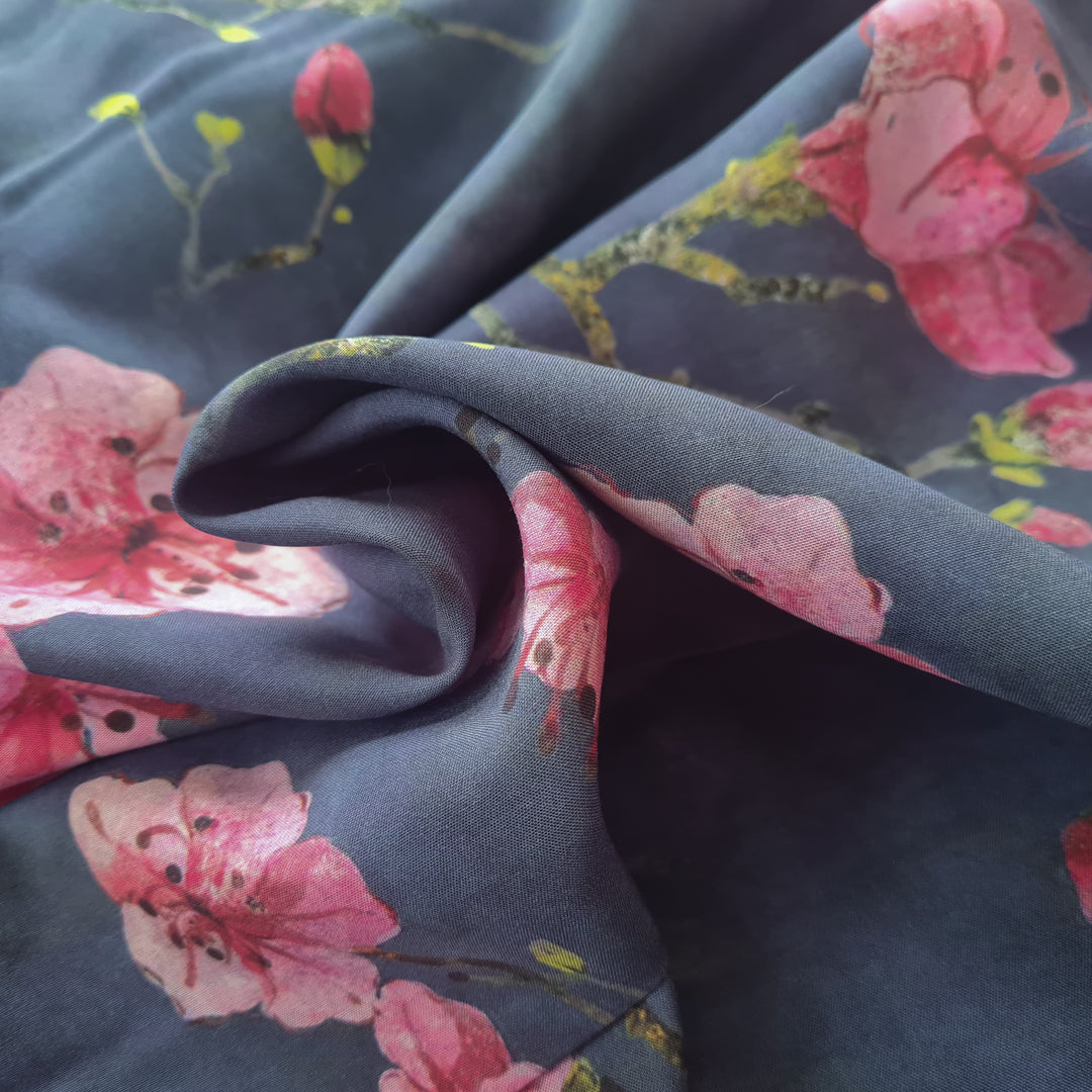 Floral Navy Blue 100% Viscose Challis digitally printed dress fabric per 1/2m