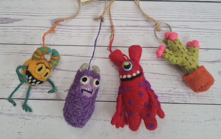 Fair Trade Handcrafted/ Handmade needle felted decoration/ keyring: monsters and cactus