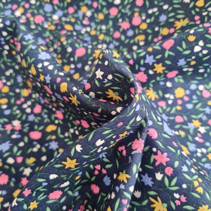 Rose and Hubble Ditsy floral 100% Cotton Poplin Fabric, navy & pink x half metre.