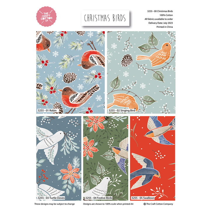 Christmas Birds cotton fat quarter bundle of 5 quilting fabrics