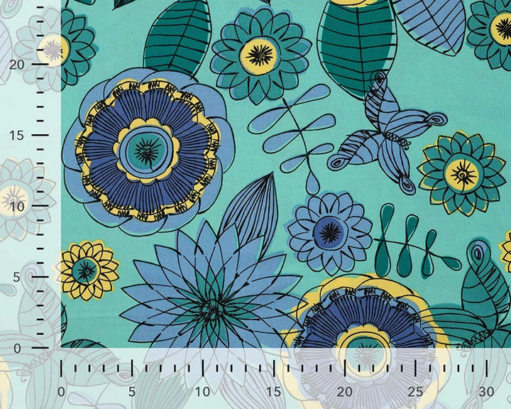 Blue Aqua 100% Viscose Bright Abstract Floral Challis dress fabric by the 1/2m