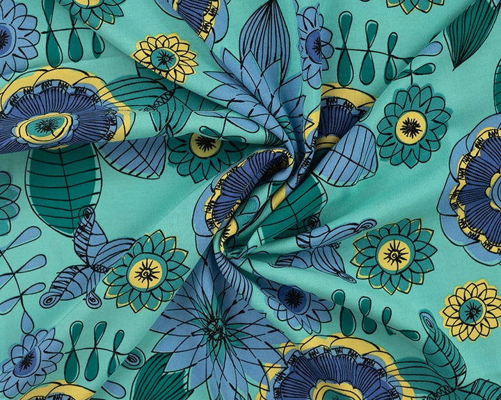 Blue Aqua 100% Viscose Bright Abstract Floral Challis dress fabric by the 1/2m