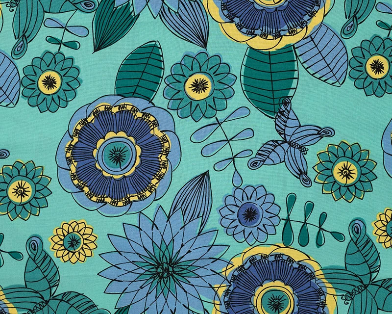 Blue Aqua 100% Viscose Bright Abstract Floral Challis dress fabric by the 1/2m