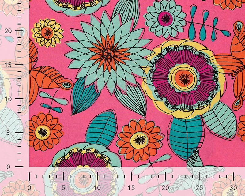 Pink / Aqua 100% Viscose Bright Abstract Floral Challis dress fabric by the 1/2m