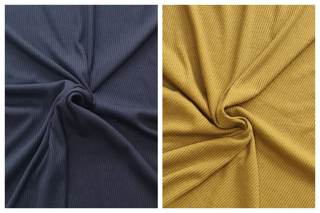 Rib knit stretch jersey dress, T-shirt fabric, blue. Navy/mustard.