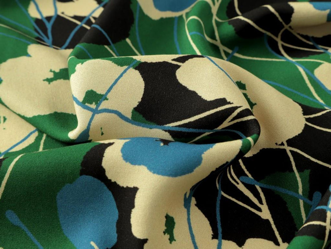 Green Floral Viola Viscose Twill. Fabric Godmother dress fabric per 1/2m