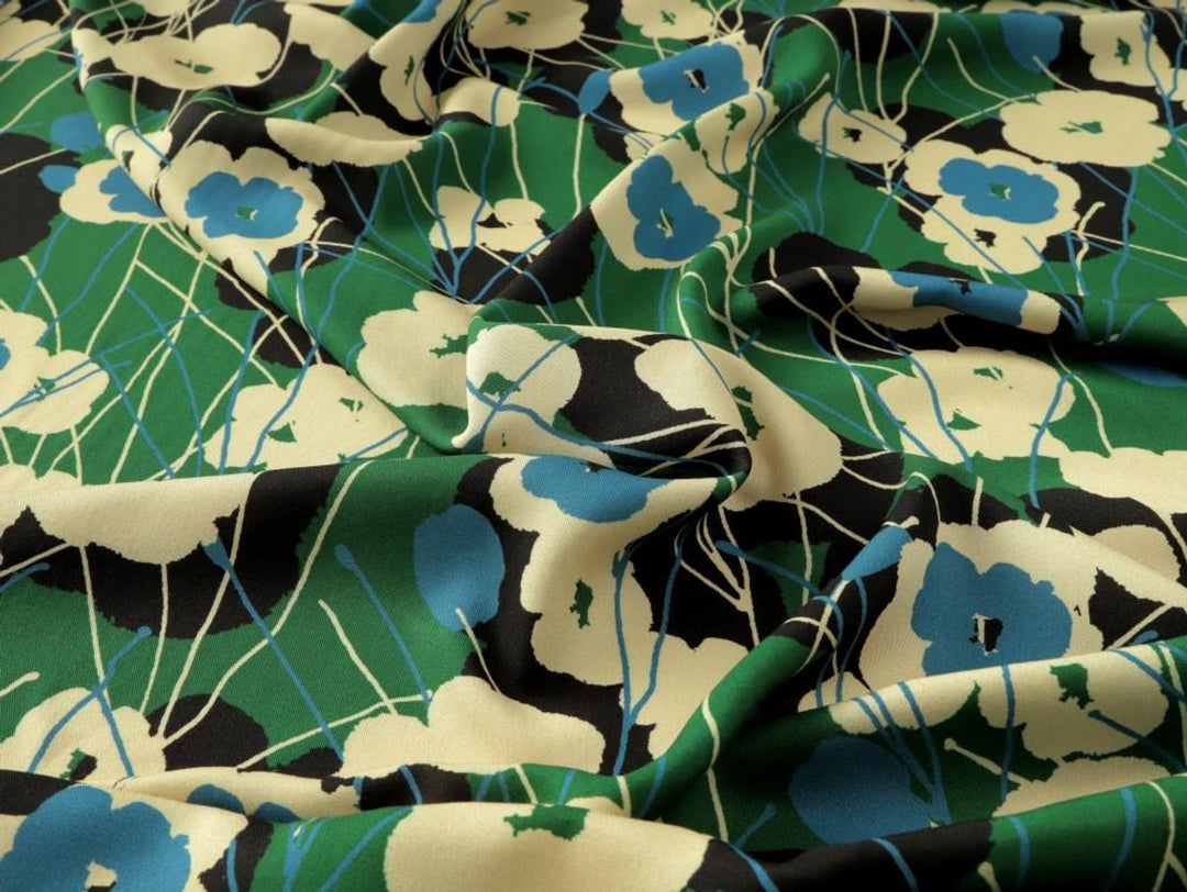 Green Floral Viola Viscose Twill. Fabric Godmother dress fabric per 1/2m