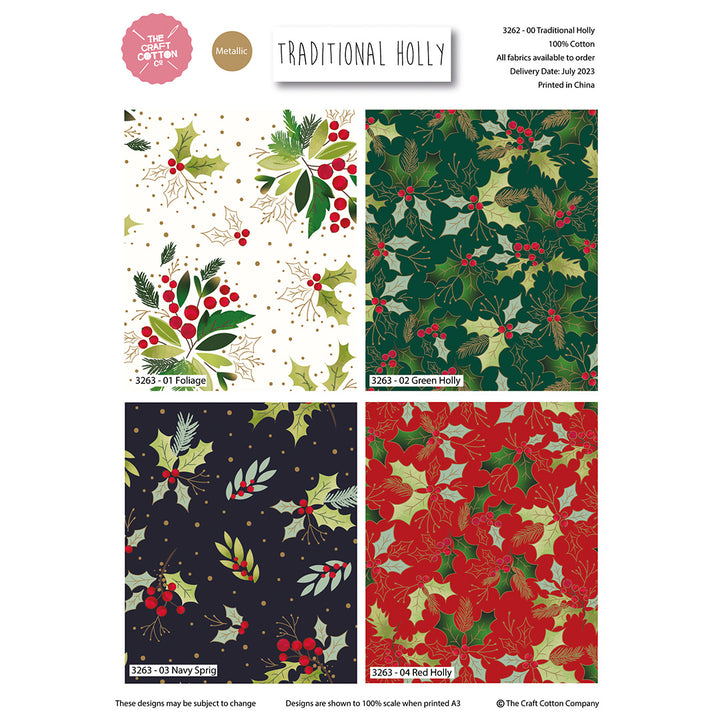 Christmas Traditional Holly cotton fat quarter bundle of 4 quilting fabrics.