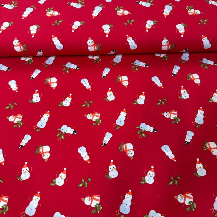 Red Snowman Christmas cotton jersey knit T-shirt, Oeko-tex fabric. By the half metre.