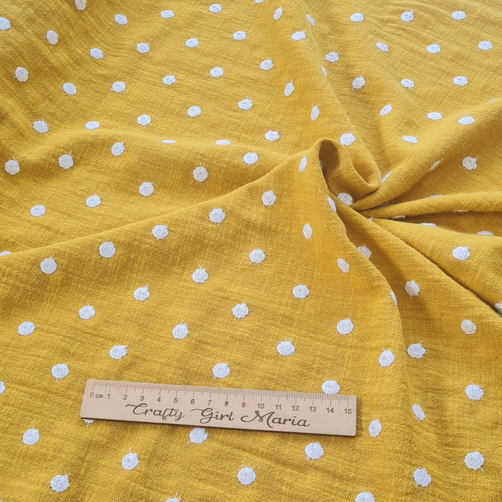 Yellow Ochre 100% woven Cotton Slub Polkadot embroidered Spot fabric per 1/2m