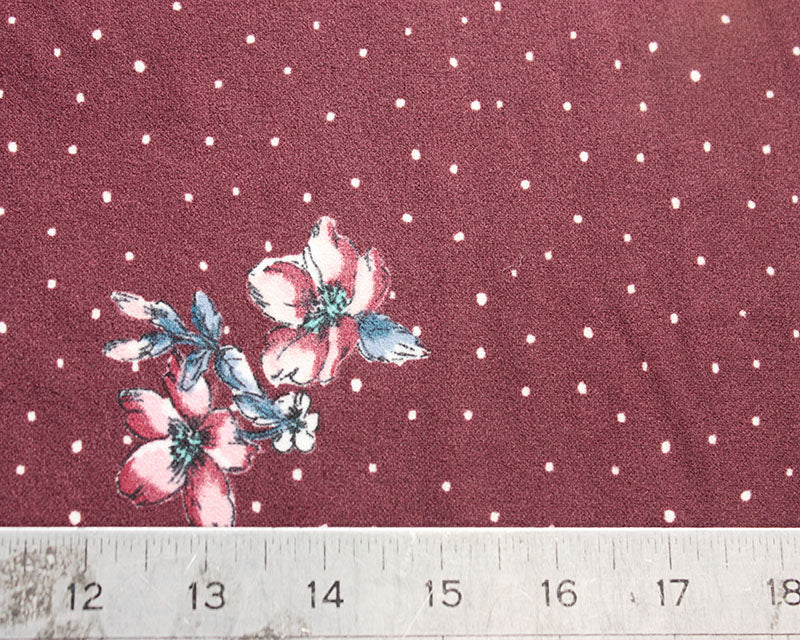 Wine Floral Pin Spot Crêpe Stretch knit Scuba dress fabric by the half metre.