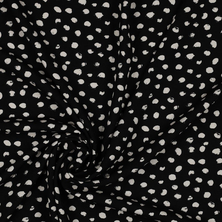 Random dots 100% Viscose Challis dress fabric by the half metre. Navy/green/black.