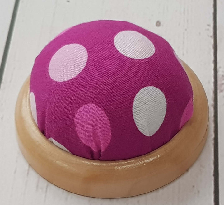 Funky Polkadot Pin Cushion with wooden base. Pincushion sewing or craft gift. Stocking filler.