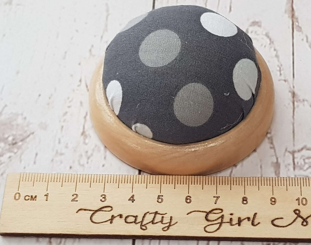 Funky Polkadot Pin Cushion with wooden base. Pincushion sewing or craft gift. Stocking filler.