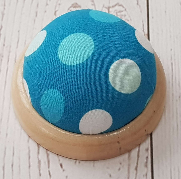 Funky Polkadot Pin Cushion with wooden base. Pincushion sewing or craft gift. Stocking filler.