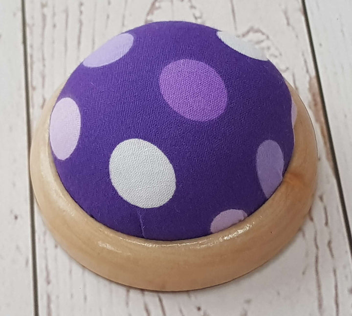 Funky Polkadot Pin Cushion with wooden base. Pincushion sewing or craft gift. Stocking filler.