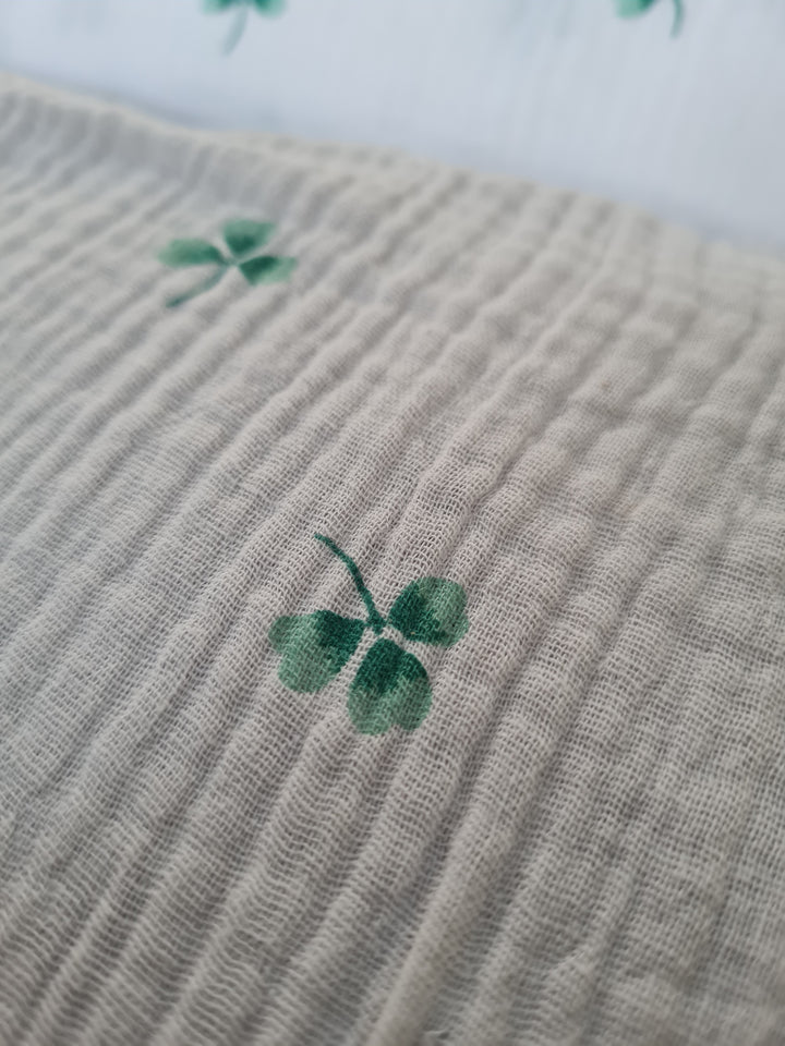 Lucky Clover Cotton Double Gauze Muslin dress fabric by the half metre.