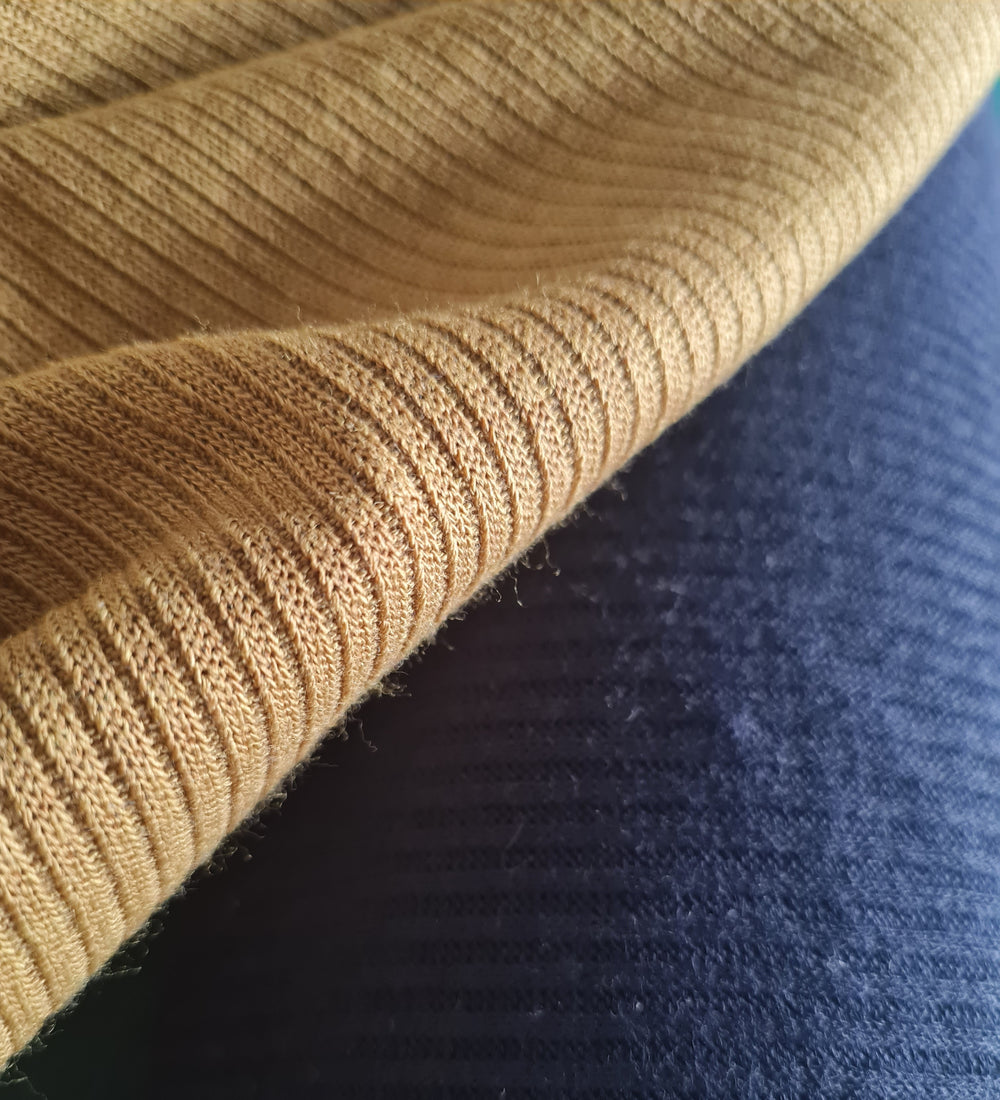 Rib knit stretch jersey dress, T-shirt fabric, blue. Navy/mustard.