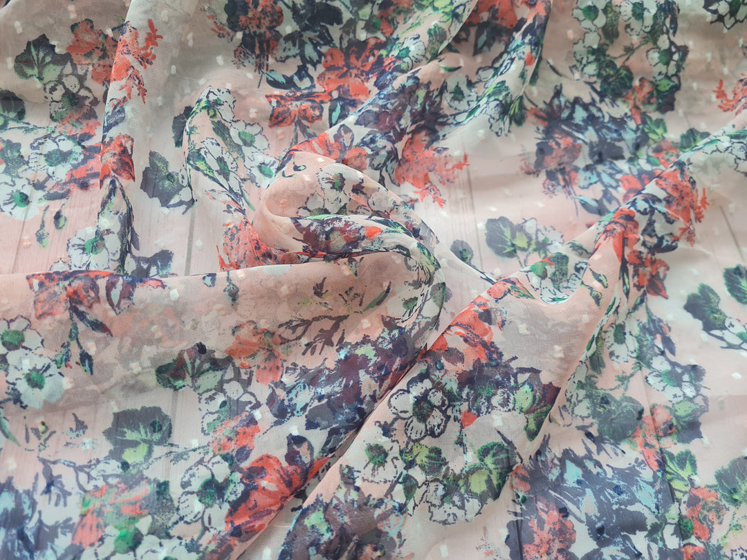 Pink floral dobby chiffon dress fabric by the METRE. 56 inch wide dressmaking fabric.