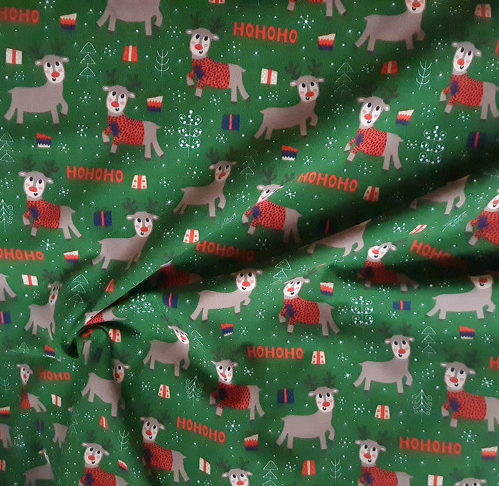 Green Ho Ho Ho Reindeer Christmas cotton jersey knit T-shirt, Oeko-tex fabric. By the half metre.