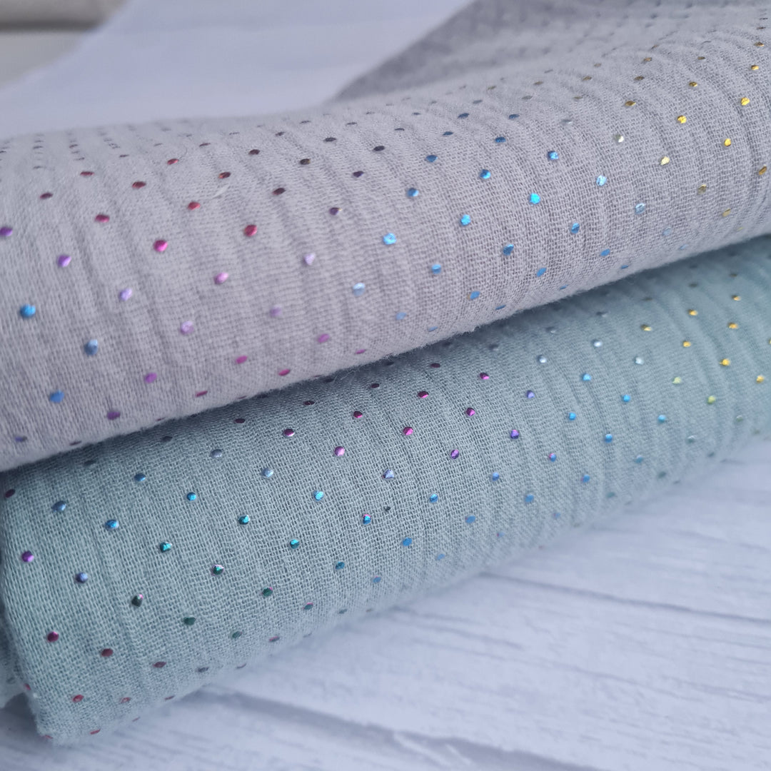 Metallic Spot Cotton Double Gauze Muslin dress fabric x half metre increments. Mint, silver