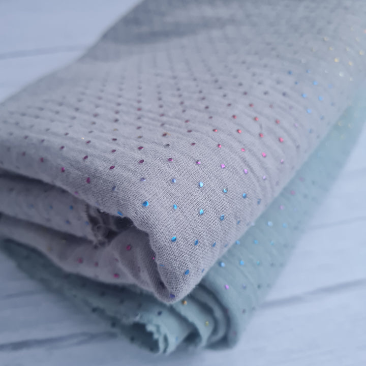 Metallic Spot Cotton Double Gauze Muslin dress fabric x half metre increments. Mint, silver