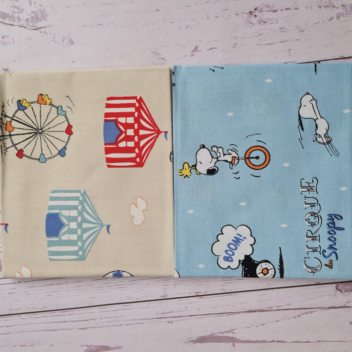 Peanuts and Snoopy Circus bundle of 5 cotton quilting fabrics.