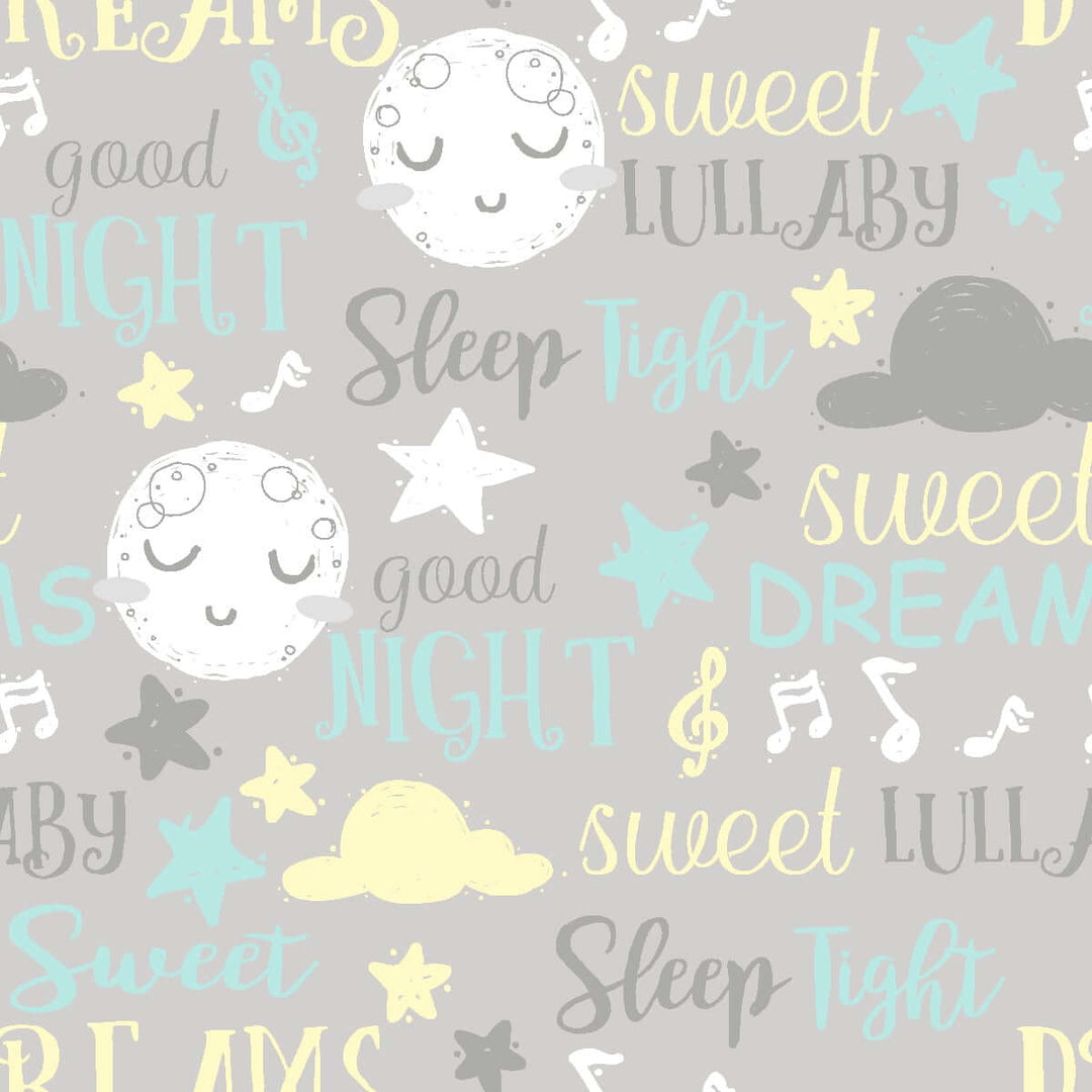 Goodnight pale grey, mint green and white nursery/kids quilting fabric by the fat quarter/metre. Craft Cotton Company.