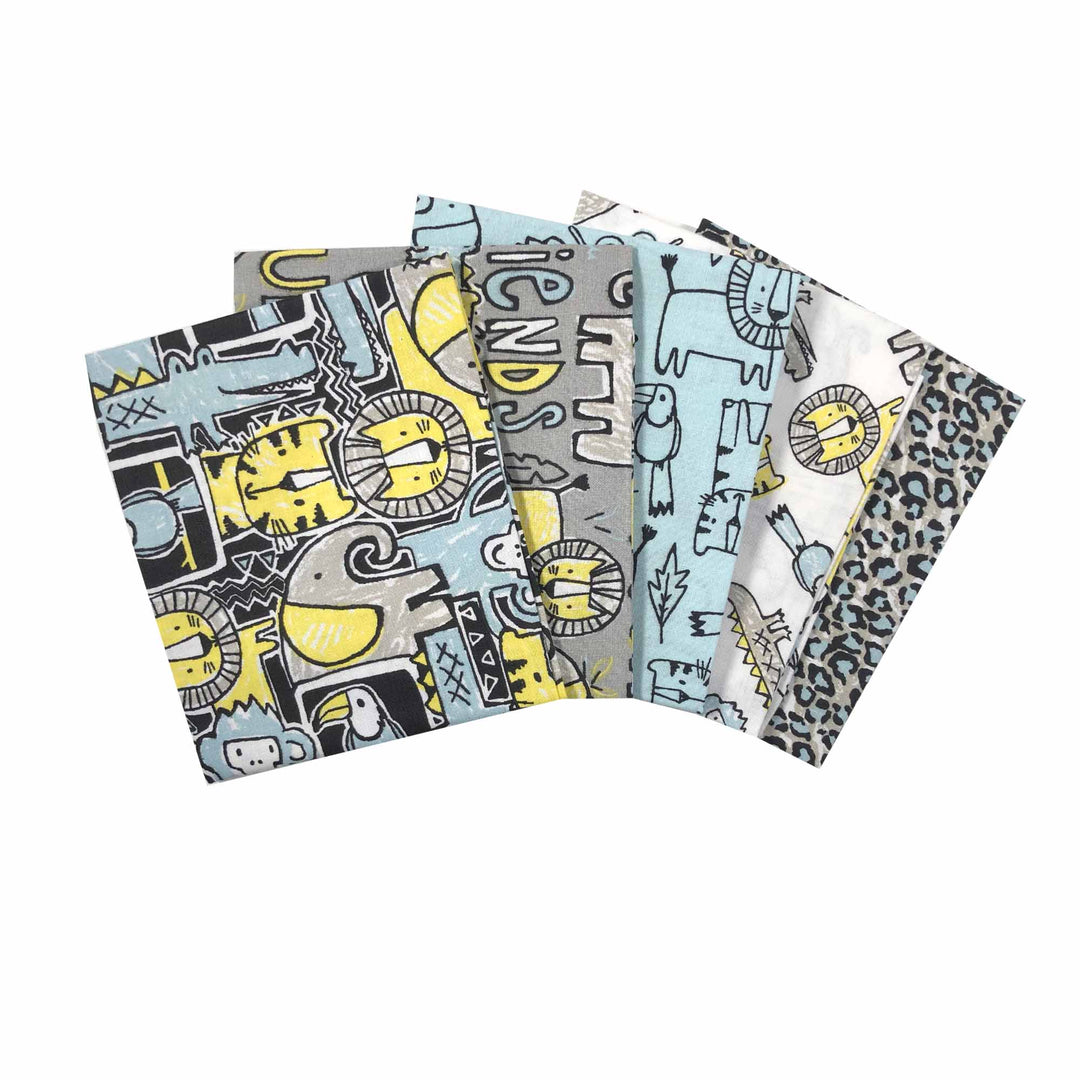 Jungle Friends elephant, animal 5 x fat quarter bundle craft cotton quilting fabric.