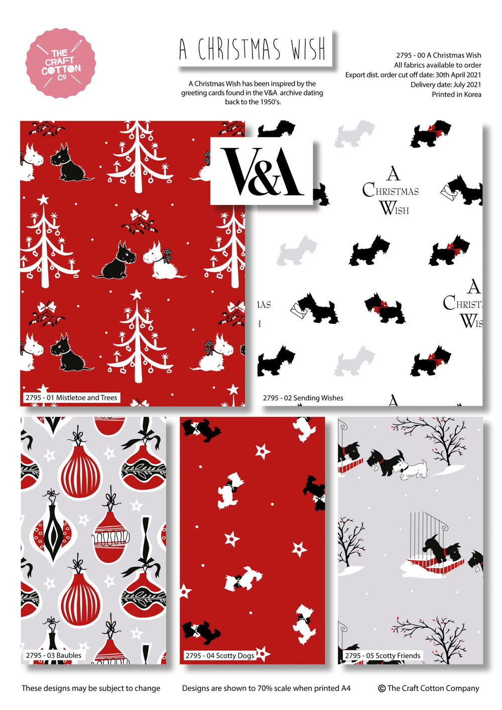 Scottie dog V&A Christmas fat quarter bundle of 5 quilting cotton Fabrics.