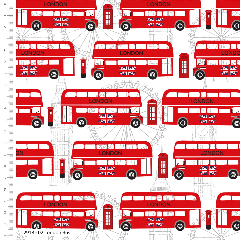 London buses, British stamps and Union Jacks. Queen Jubilee cotton quilting fabric.