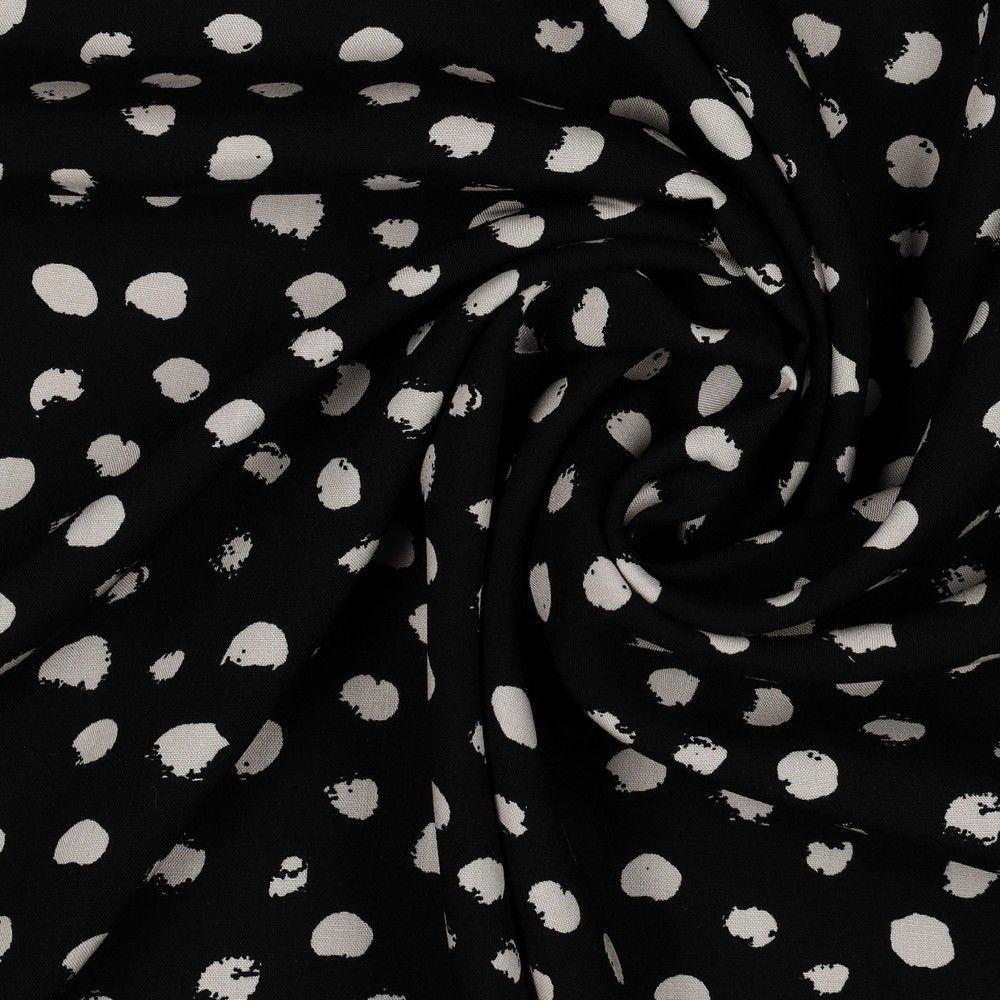 Random dots 100% Viscose Challis dress fabric by the half metre. Navy/green/black.