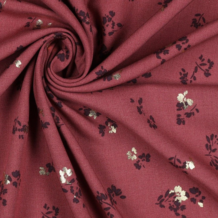 Floral Foil 100% Viscose Challis dress fabric by the half metre. Rose/beige/black.