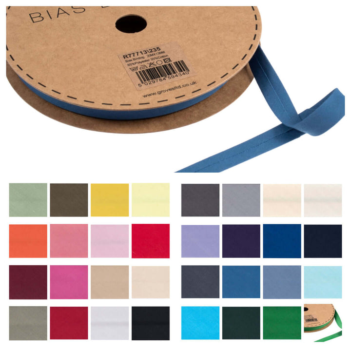 Solid plain polycotton bias binding tape: 13 mm (1/2 in) wide trim, per metre. Trimits