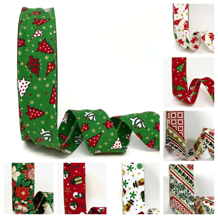 Christmas themed 18mm/30 mm bias binding. Green, white, red.  Bunting making. Per Metre