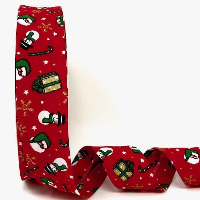 Christmas themed 18mm/30 mm bias binding. Green, white, red.  Bunting making. Per Metre