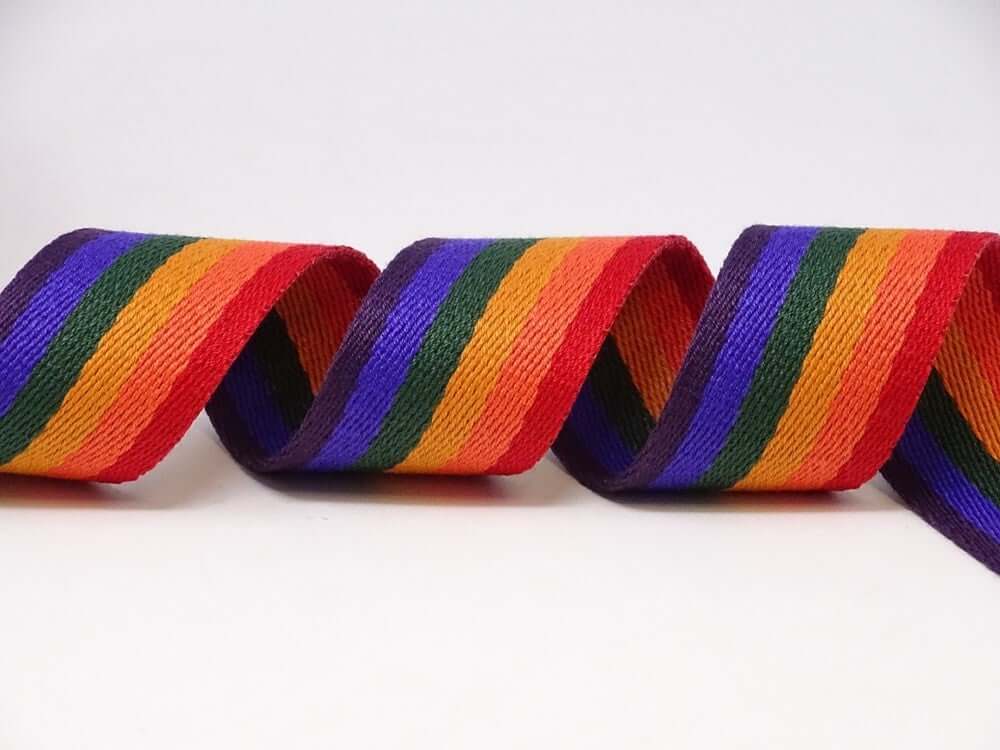 Bertie's bows 38mm striped, rainbow bag strapping/webbing: various colours. Per metre.