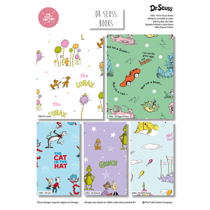 Dr Seuss Books 5 x fat quarter bundle craft cotton fabric. Fun animal kids quilting fabric.