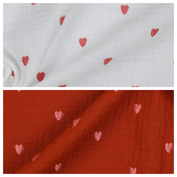 Embroidered Heart Cotton Double Gauze Muslin dress fabric by Poppy. x half metre.