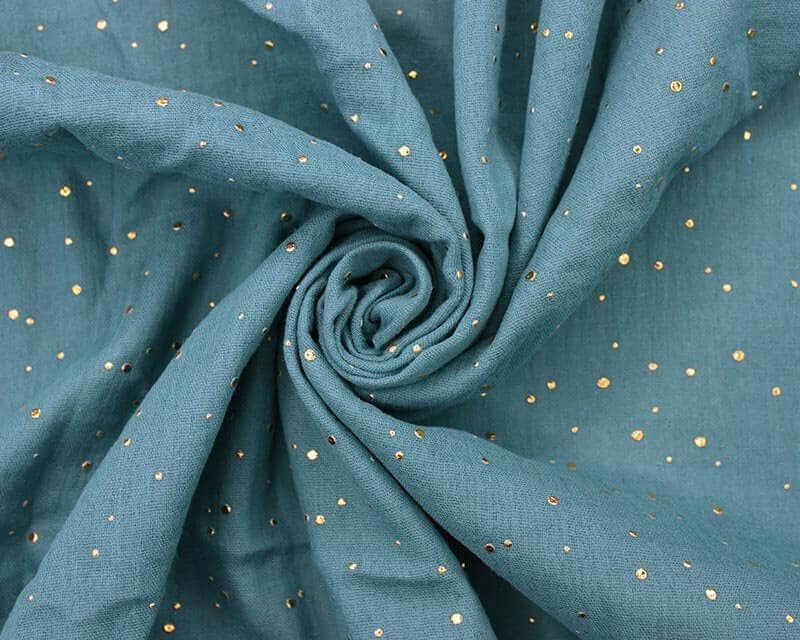 Gold Speckled double gauze muslin cotton fabric by the half metre. Sage green, yellow, teal, grey.