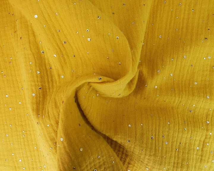 Gold Speckled double gauze muslin cotton fabric by the half metre. Sage green, yellow, teal, grey.