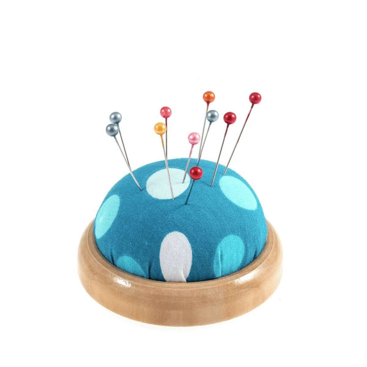 Funky Polkadot Pin Cushion with wooden base. Pincushion sewing or craft gift. Stocking filler.