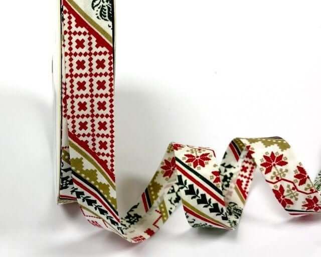 Christmas themed 18mm/30 mm bias binding. Green, white, red.  Bunting making. Per Metre