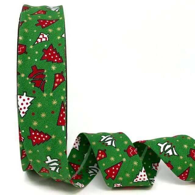 Christmas themed 18mm/30 mm bias binding. Green, white, red.  Bunting making. Per Metre